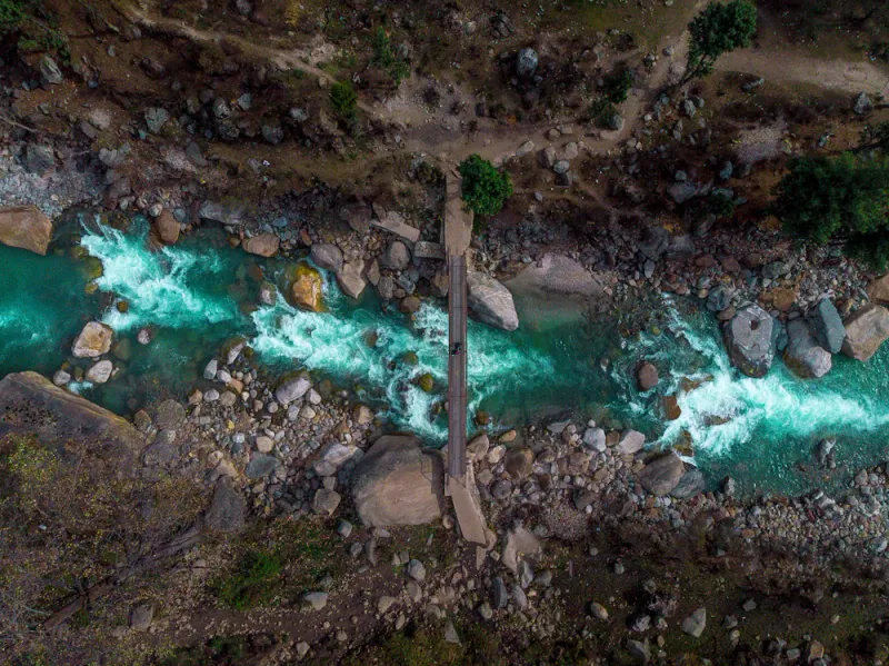 A river footbridge from above, Kasol, Himachal Pradesh